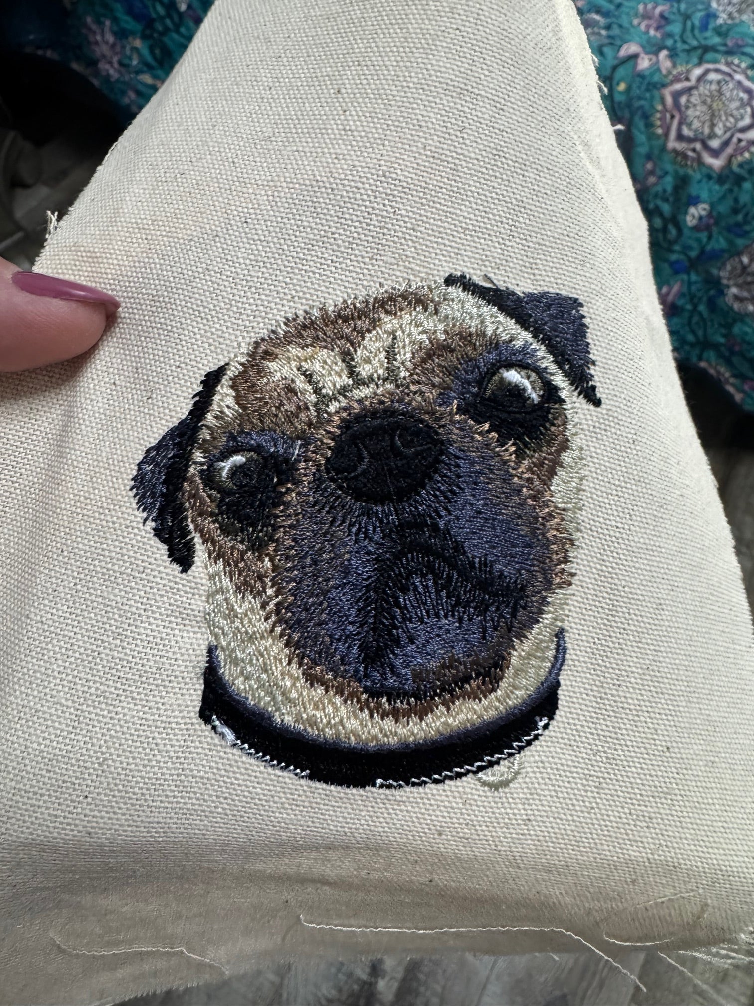 Pug Machine Embroidered Framed Art | Tabletop Decor