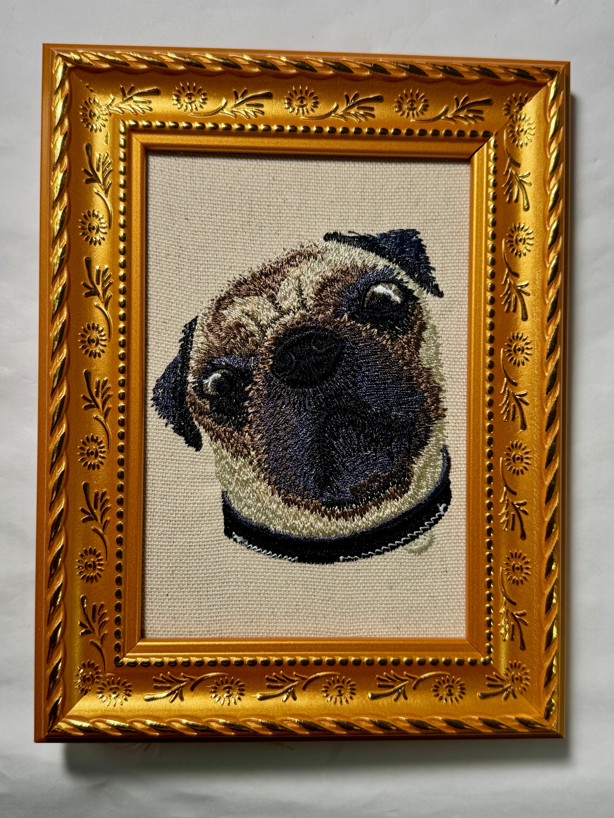 Pug Machine Embroidered Framed Art | Tabletop Decor
