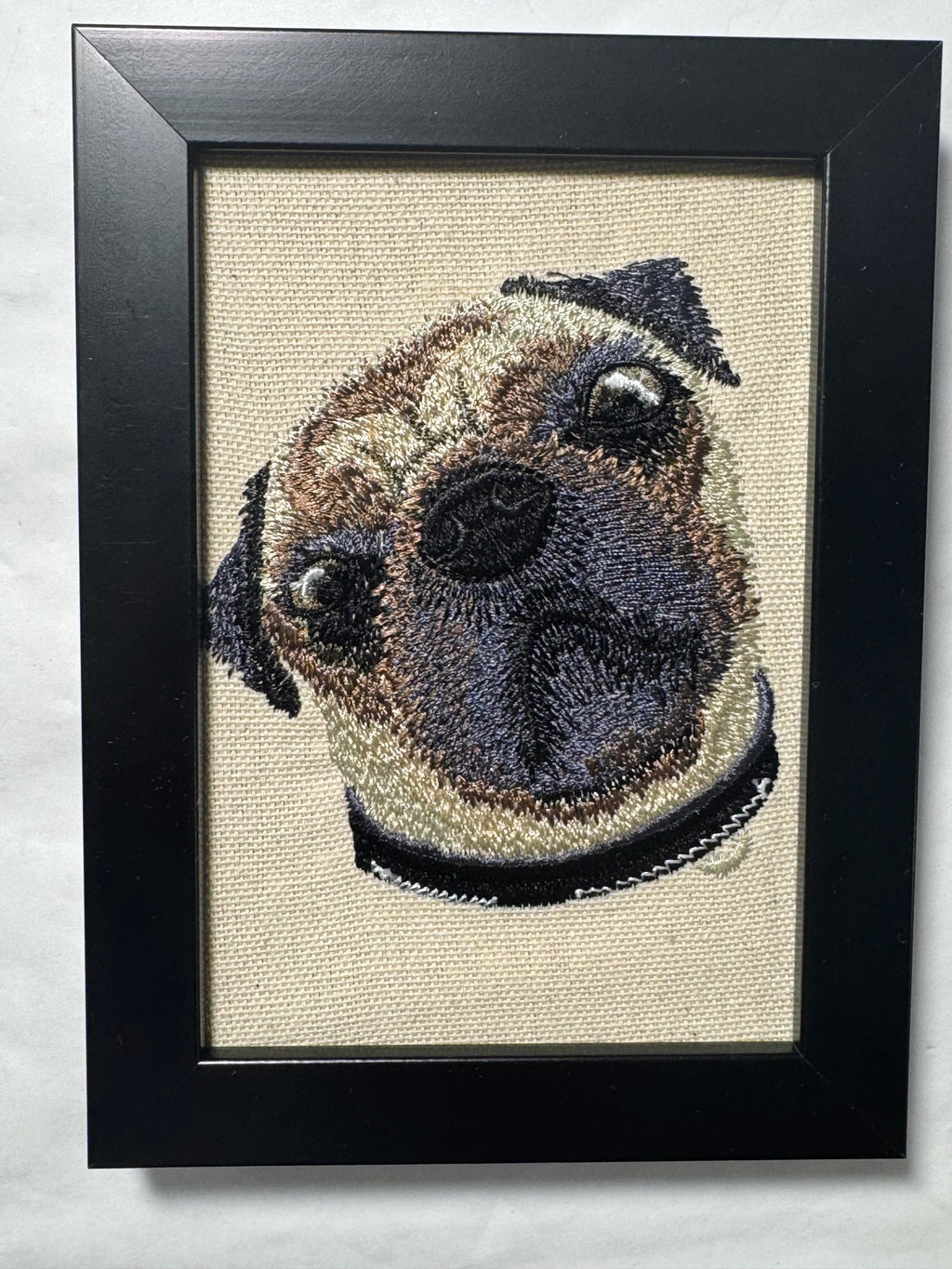 Pug Machine Embroidered Framed Art | Tabletop Decor