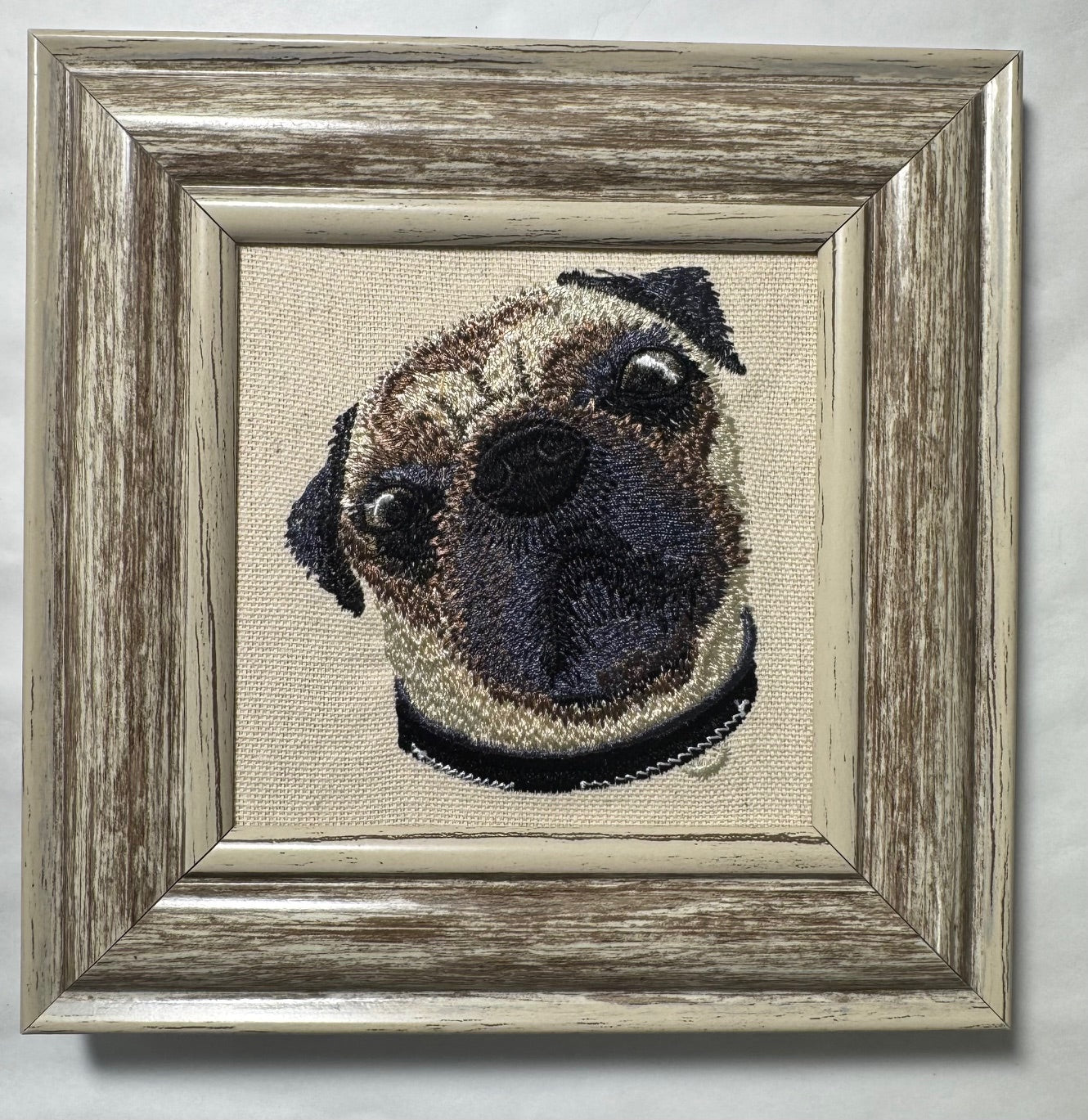 Pug Machine Embroidered Framed Art | Tabletop Decor
