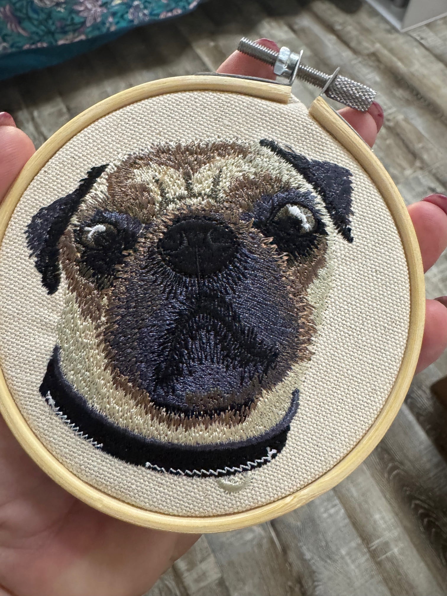 Pug Machine Embroidered Framed Art | Tabletop Decor