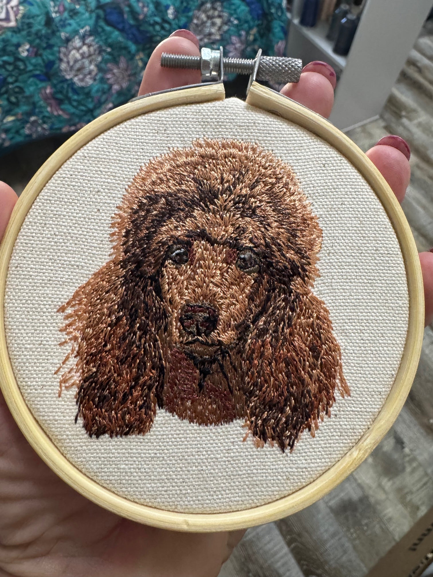 Apricot Red Poodle Machine Embroidered Framed Art | Tabletop Decor for Home or Office