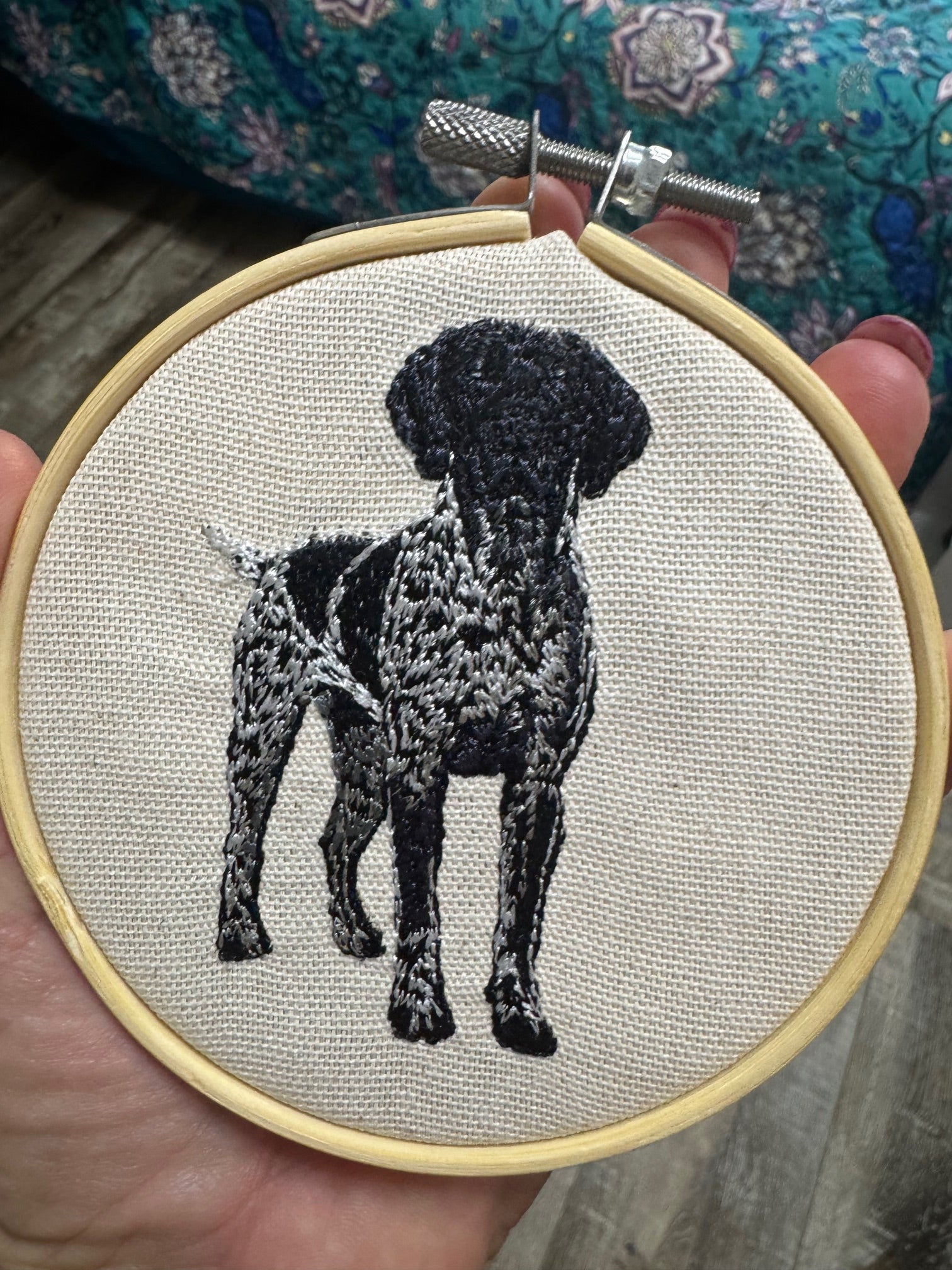 German Pointer Black Machine Embroidered Framed Art | Tabletop Decor for Home or Office