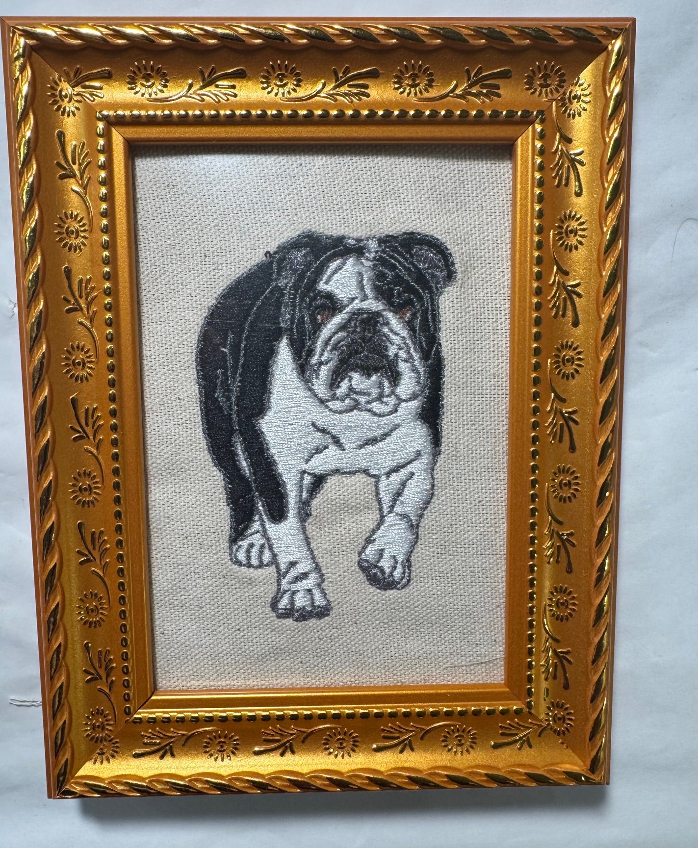 Bulldog Machine Embroidered Framed Art | Tabletop Decor for Home or Office