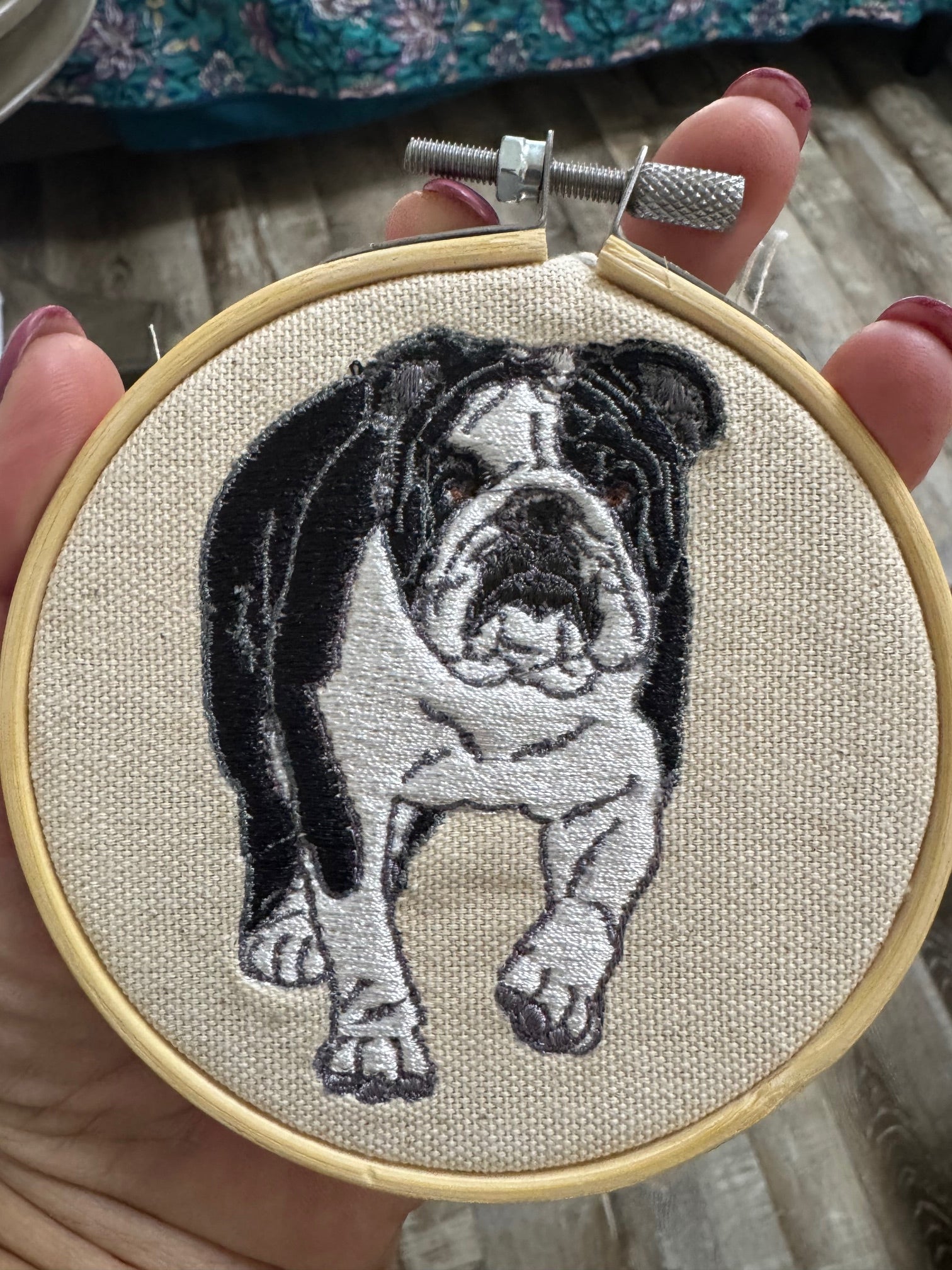 Bulldog Machine Embroidered Framed Art | Tabletop Decor for Home or Office