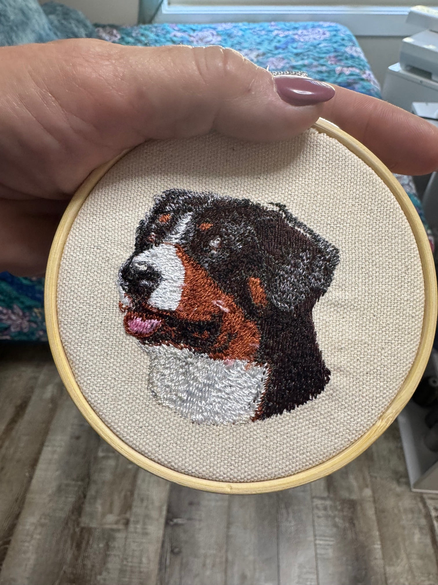 Bernese Mountain Dog Machine Embroidered Framed Art | Tabletop Decor for Home or Office