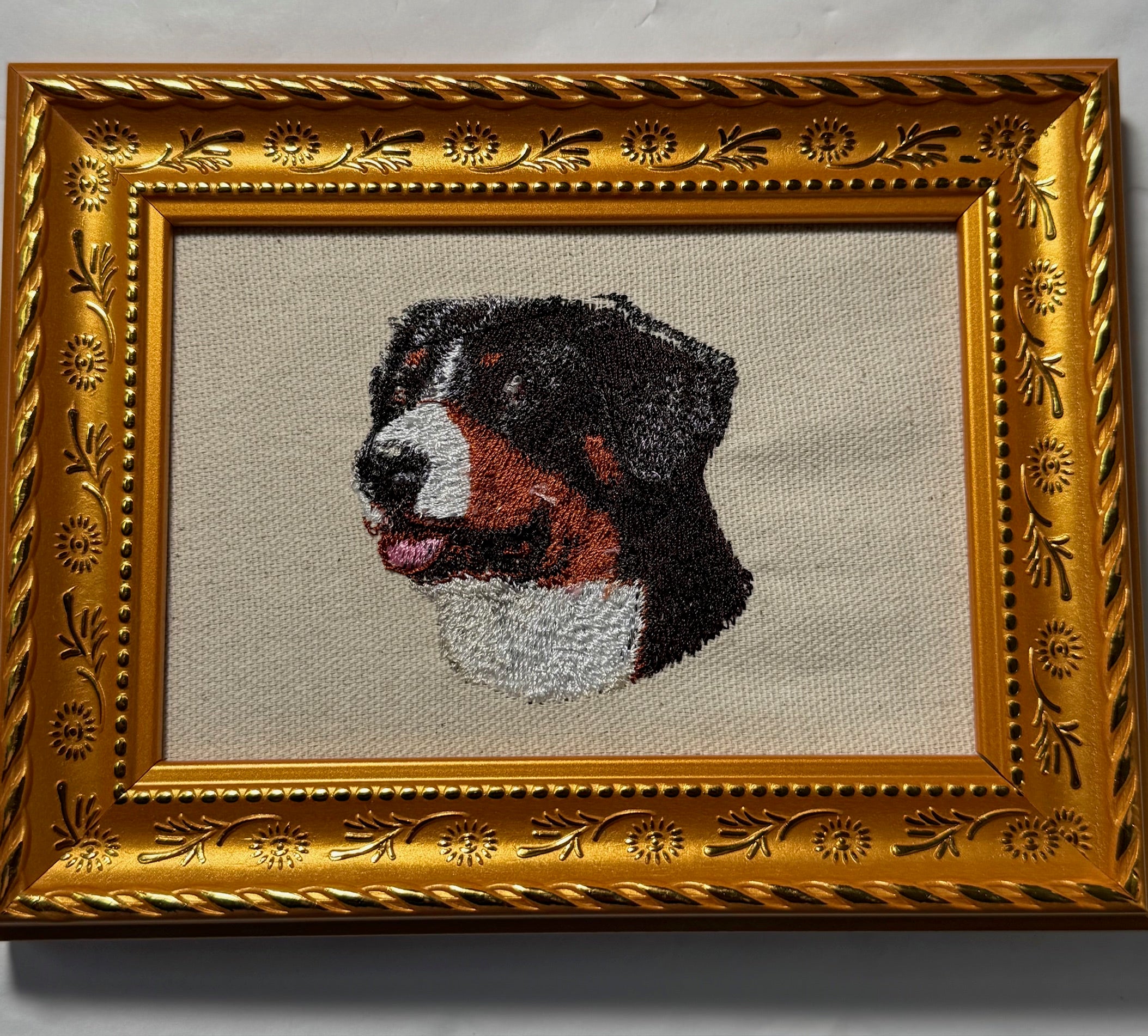 Bernese Mountain Dog Machine Embroidered Framed Art | Tabletop Decor for Home or Office