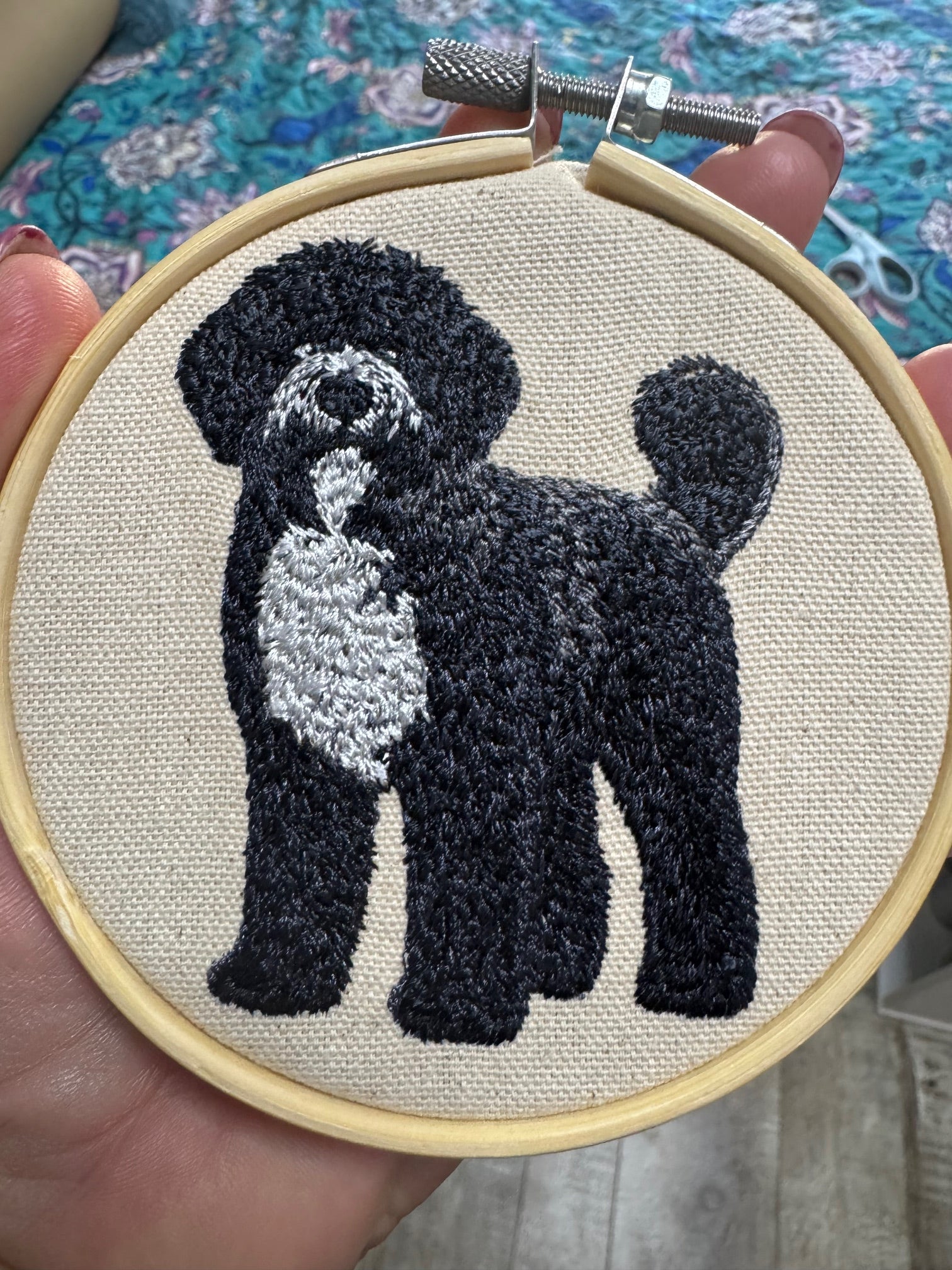 Portuguese Water Dog Labradoodle Machine Embroidered Framed Art | Tabletop Decor for Home or Office