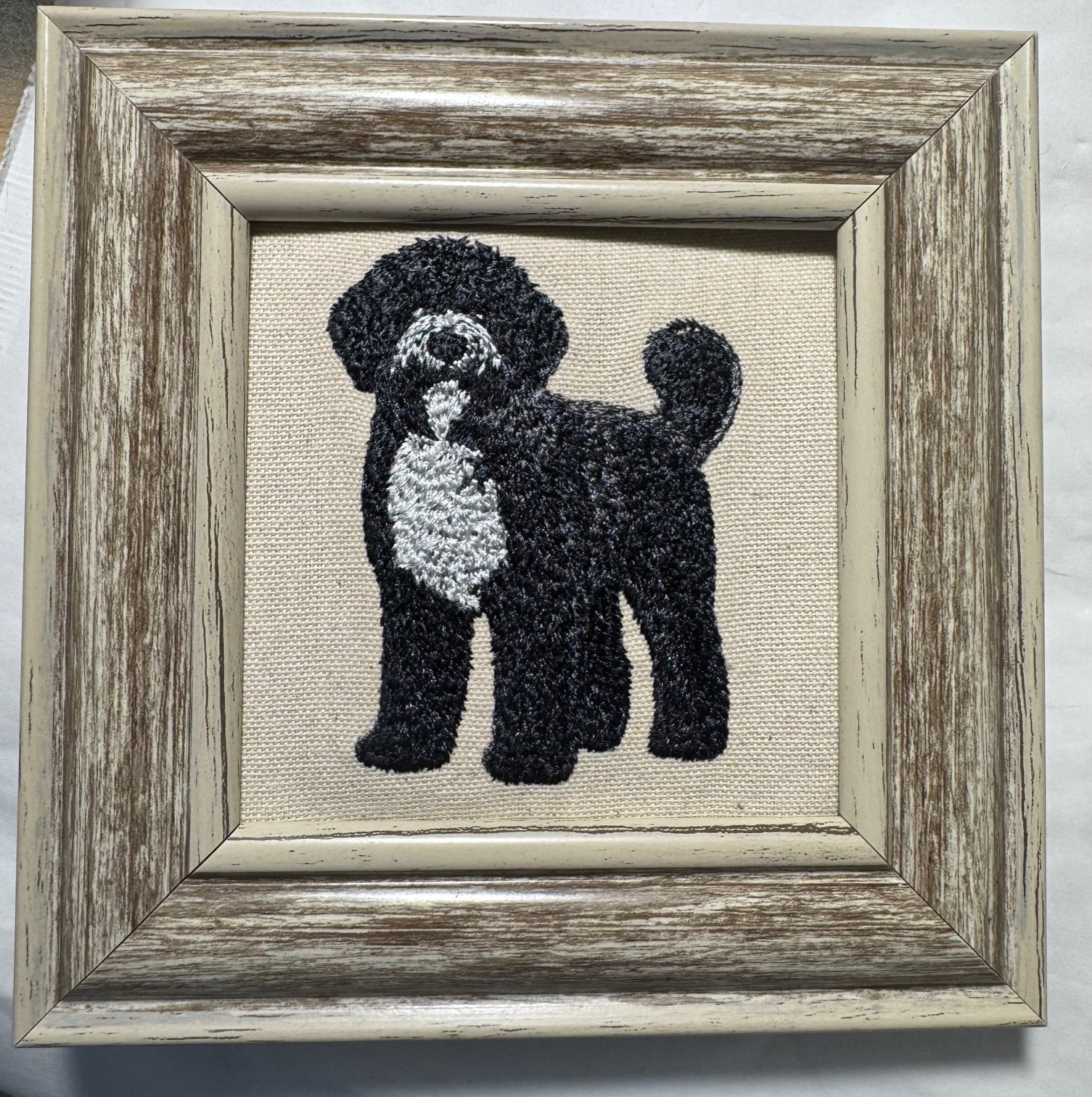 Portuguese Water Dog Labradoodle Machine Embroidered Framed Art | Tabletop Decor for Home or Office