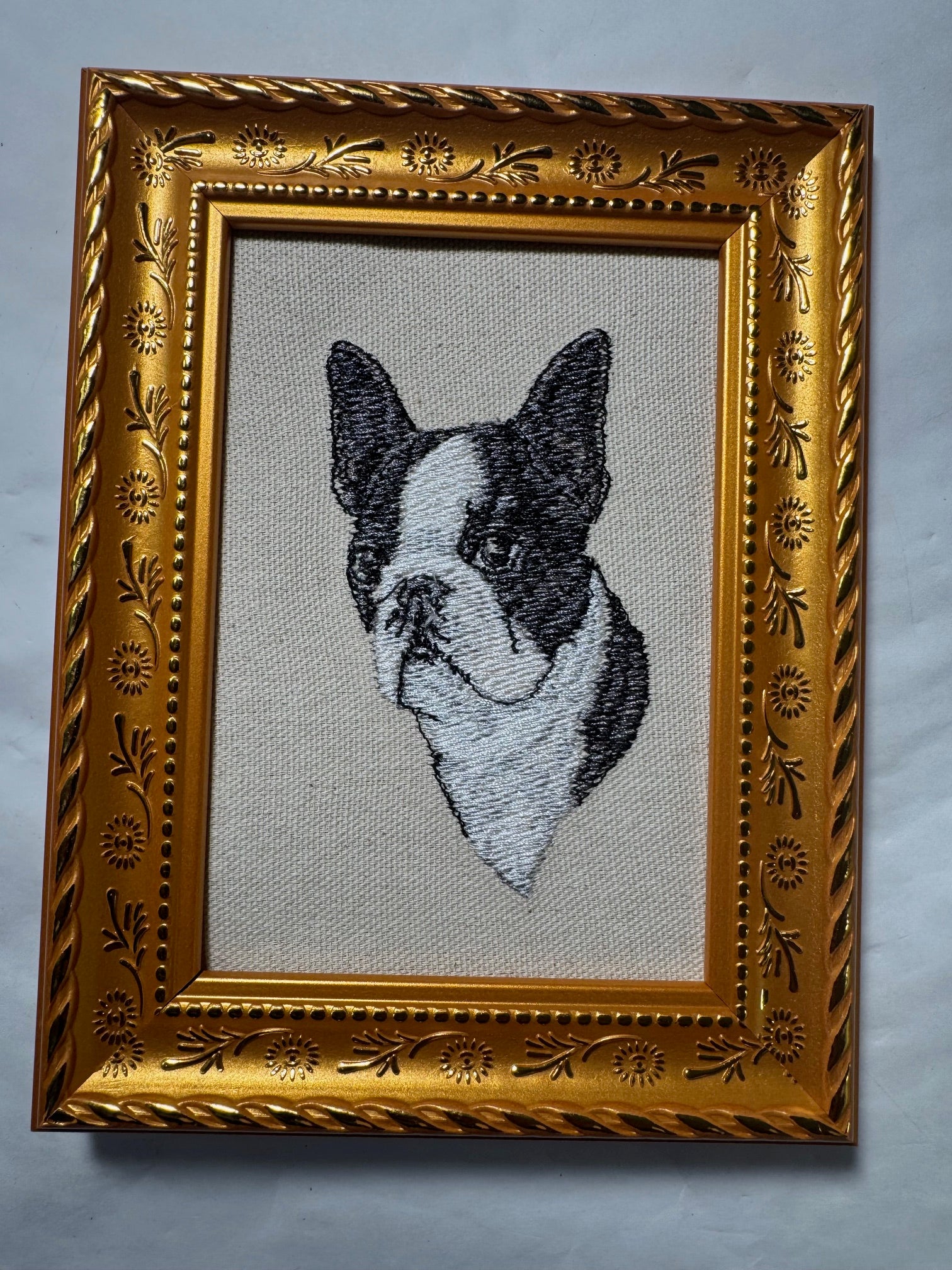 Boston Terrier Machine Embroidered Framed Art | Tabletop Decor for Home or Office