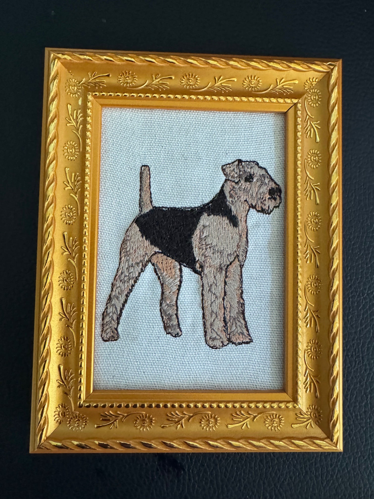 Airedale Terrier Machine Embroidered Framed Art | Tabletop Decor