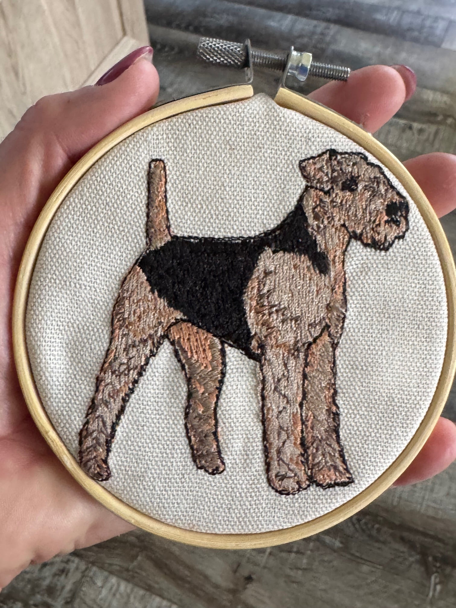 Airedale Terrier Machine Embroidered Framed Art | Tabletop Decor