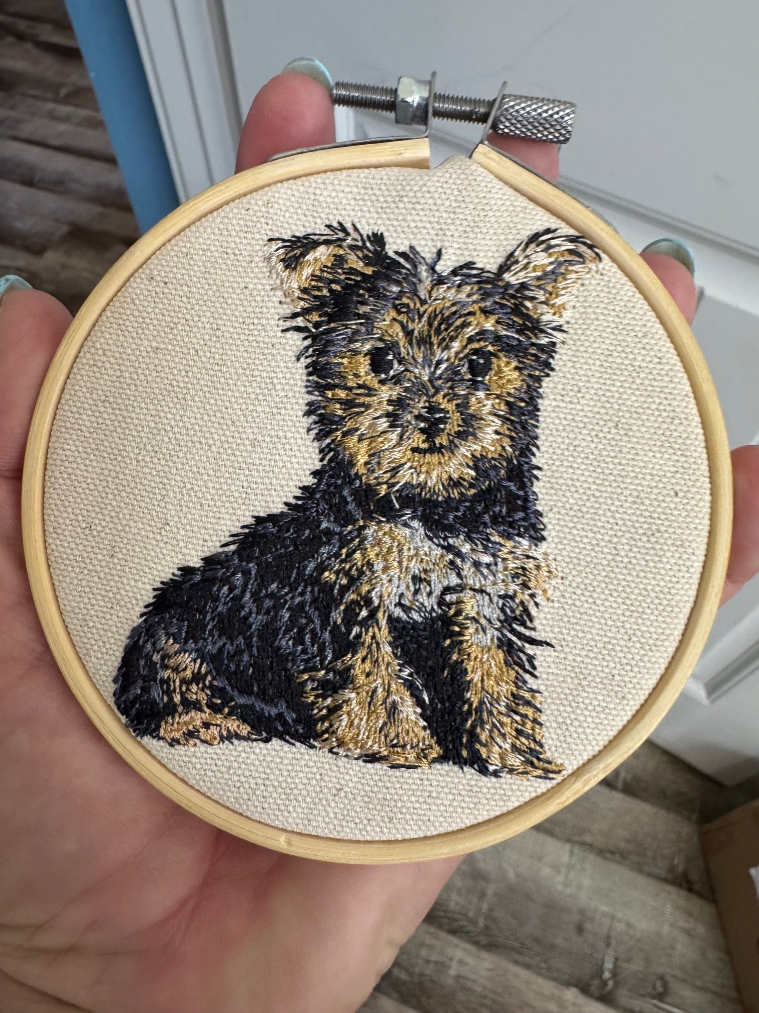Yorkshire Terrier Yorkie Machine Embroidered Framed Art | Tabletop Decor