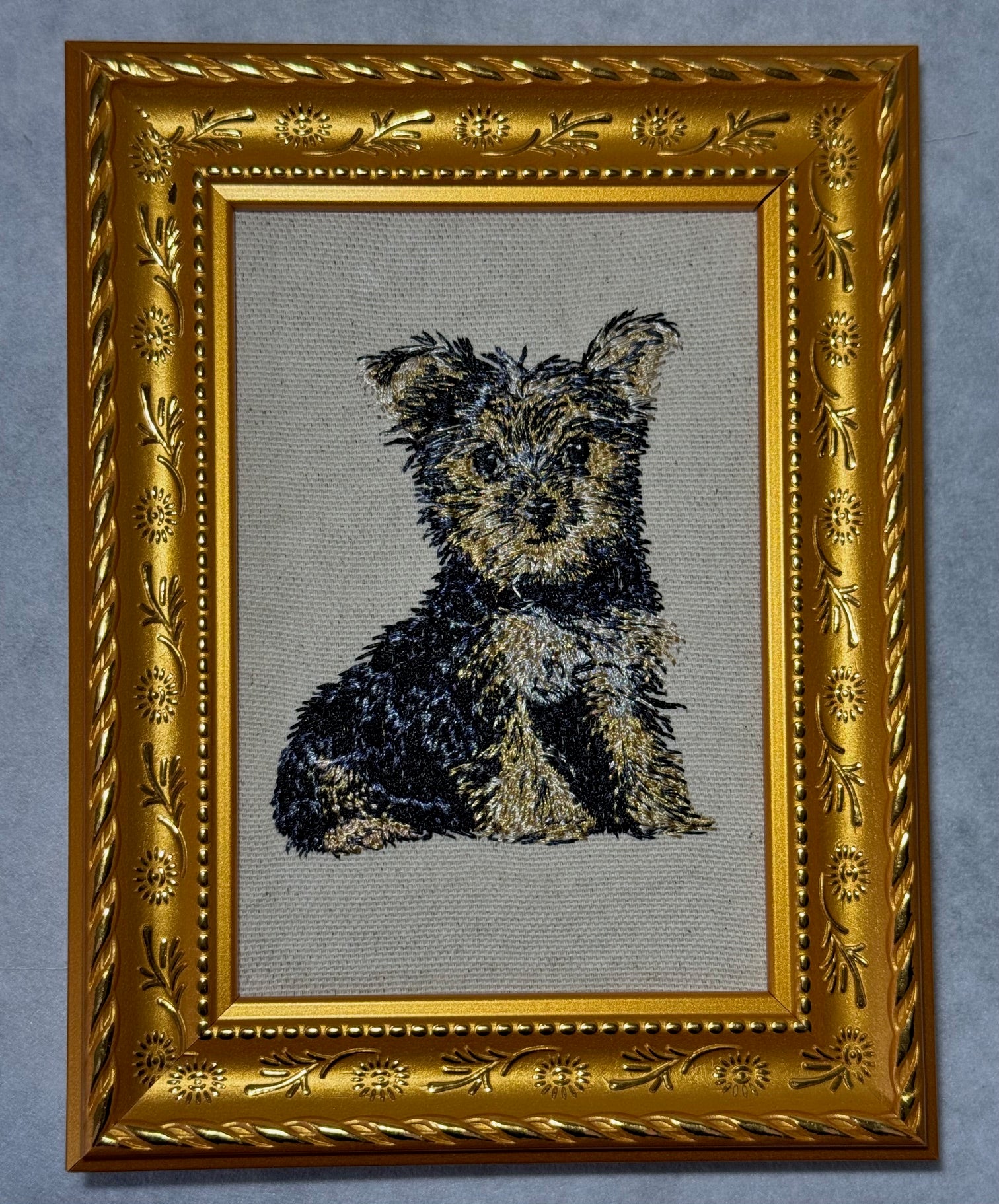 Yorkshire Terrier Yorkie Machine Embroidered Framed Art | Tabletop Decor