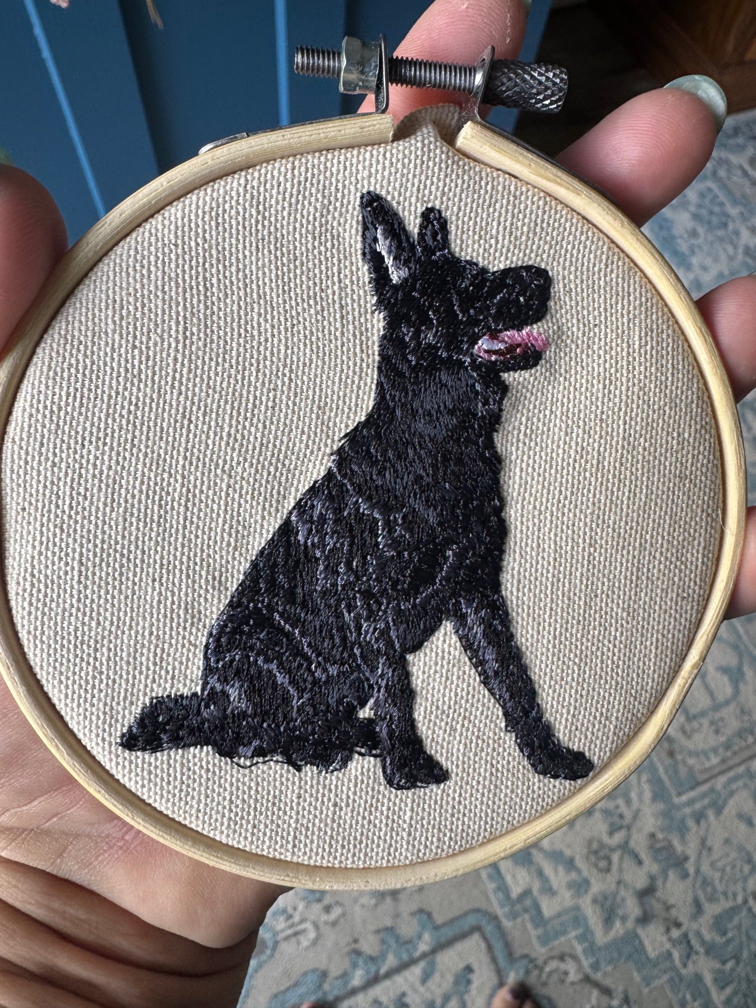 Black Shepherd Dog Machine Embroidered Framed Art | Tabletop Decor
