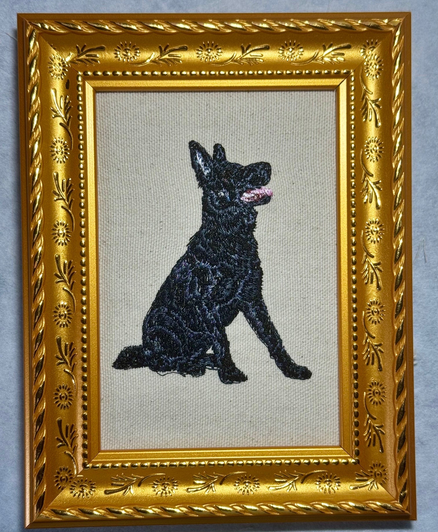 Black Shepherd Dog Machine Embroidered Framed Art | Tabletop Decor