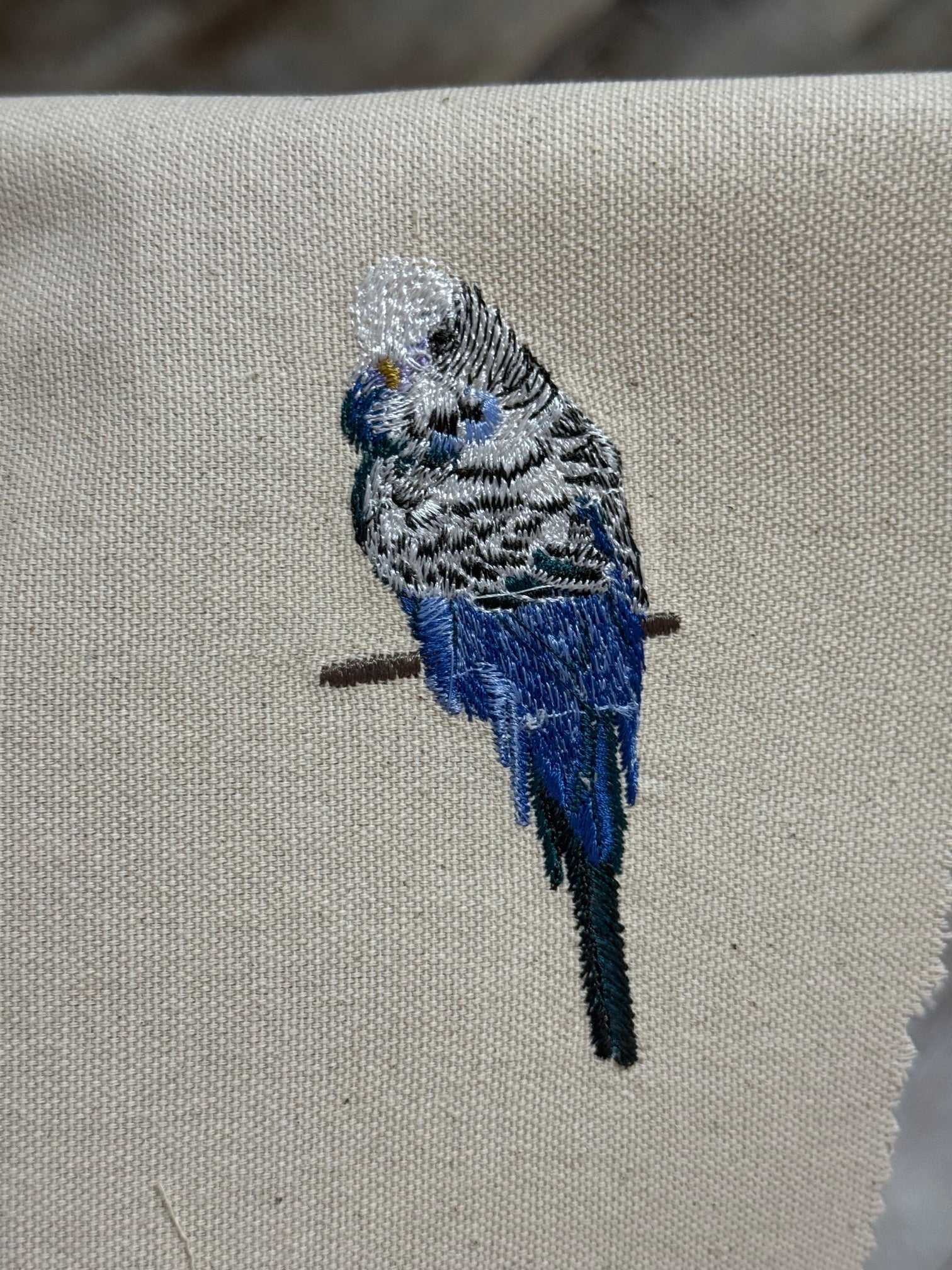 Blue Budgie Parakeet Machine Embroidered Framed Art | Bird Lover Decor