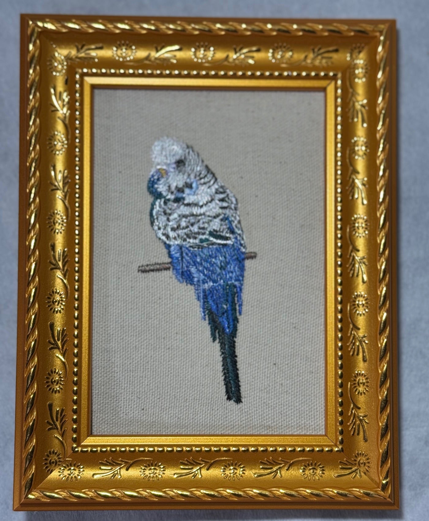 Blue Budgie Parakeet Machine Embroidered Framed Art | Bird Lover Decor