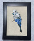 Blue Budgie Parakeet Machine Embroidered Framed Art | Bird Lover Decor