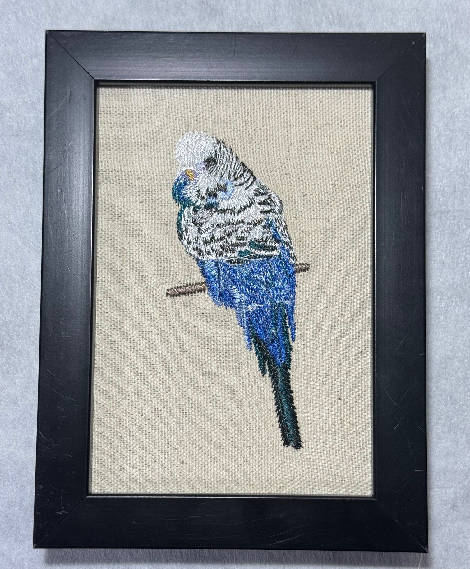 Blue Budgie Parakeet Machine Embroidered Framed Art | Bird Lover Decor