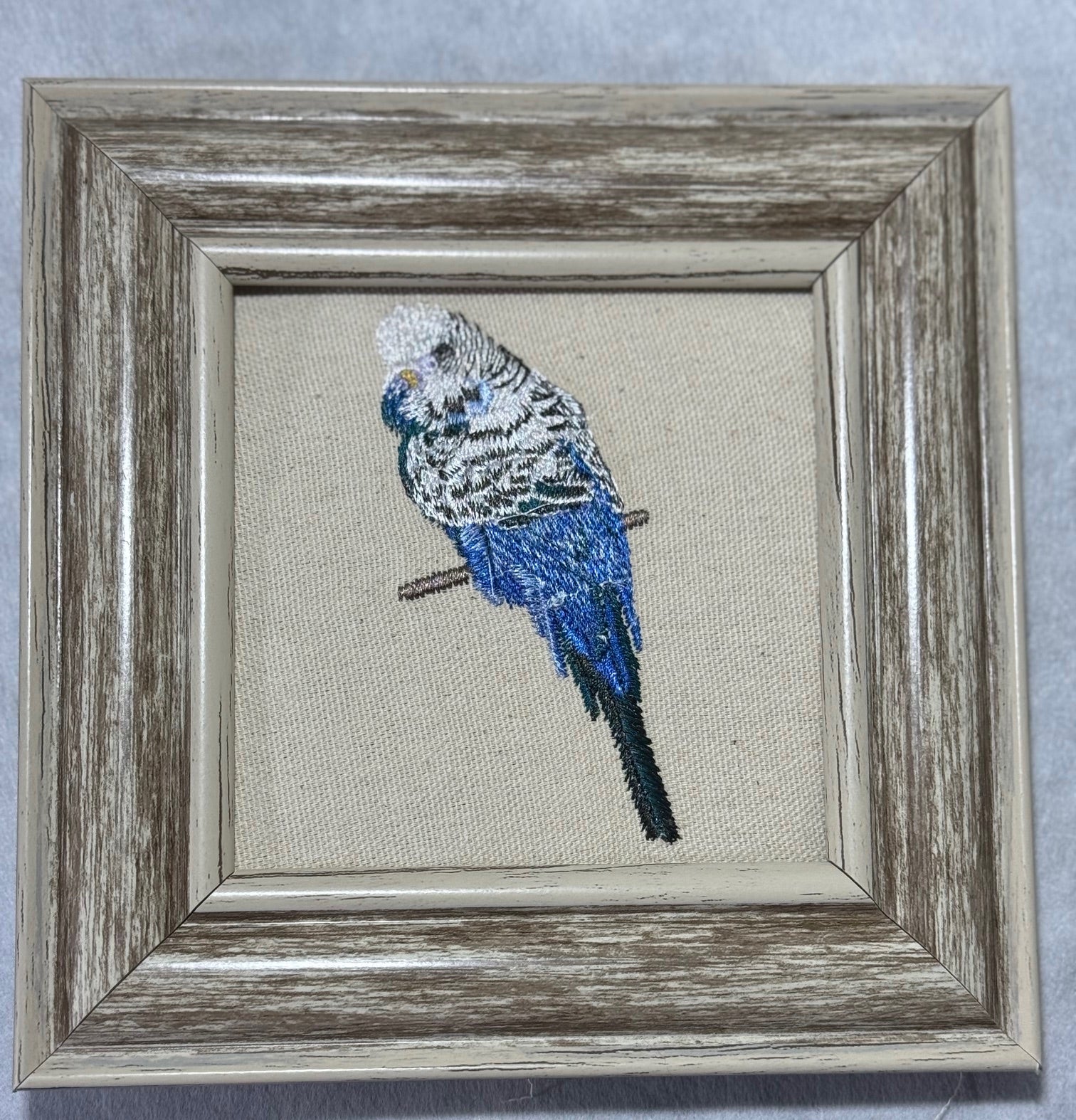 Blue Budgie Parakeet Machine Embroidered Framed Art | Bird Lover Decor