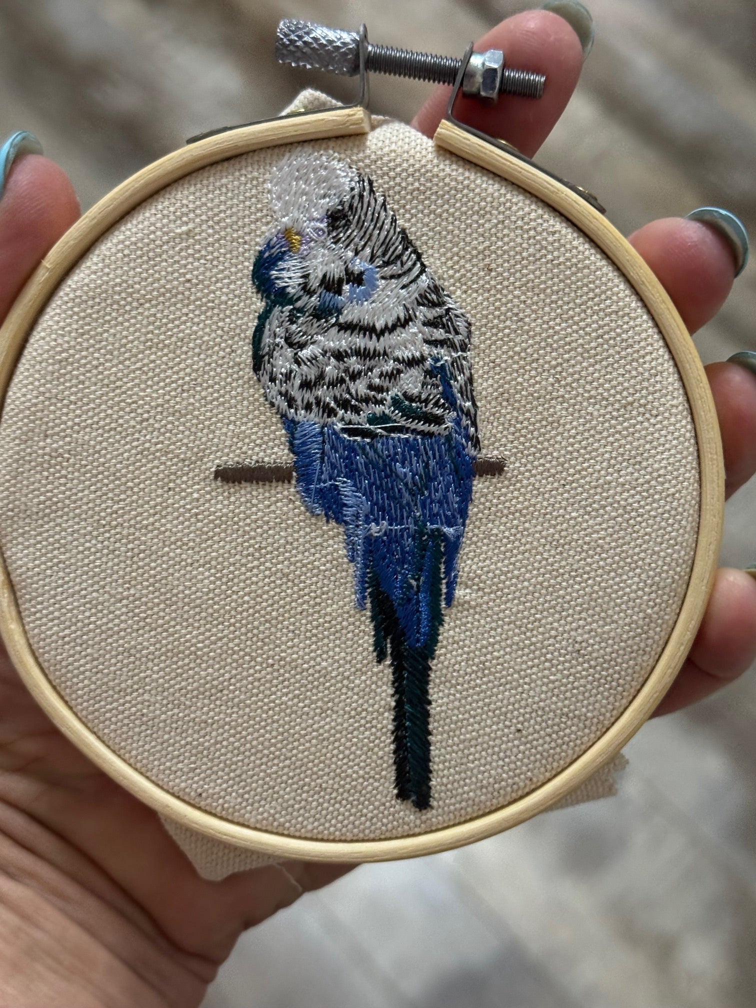 Blue Budgie Parakeet Machine Embroidered Framed Art | Bird Lover Decor