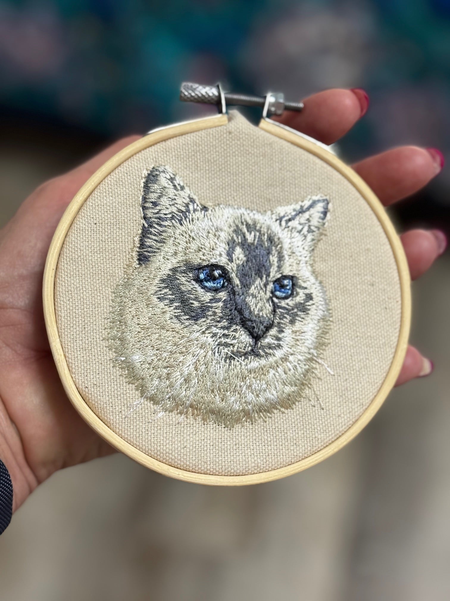 Cat Machine Embroidered Framed Art | Feline Tabletop Decor