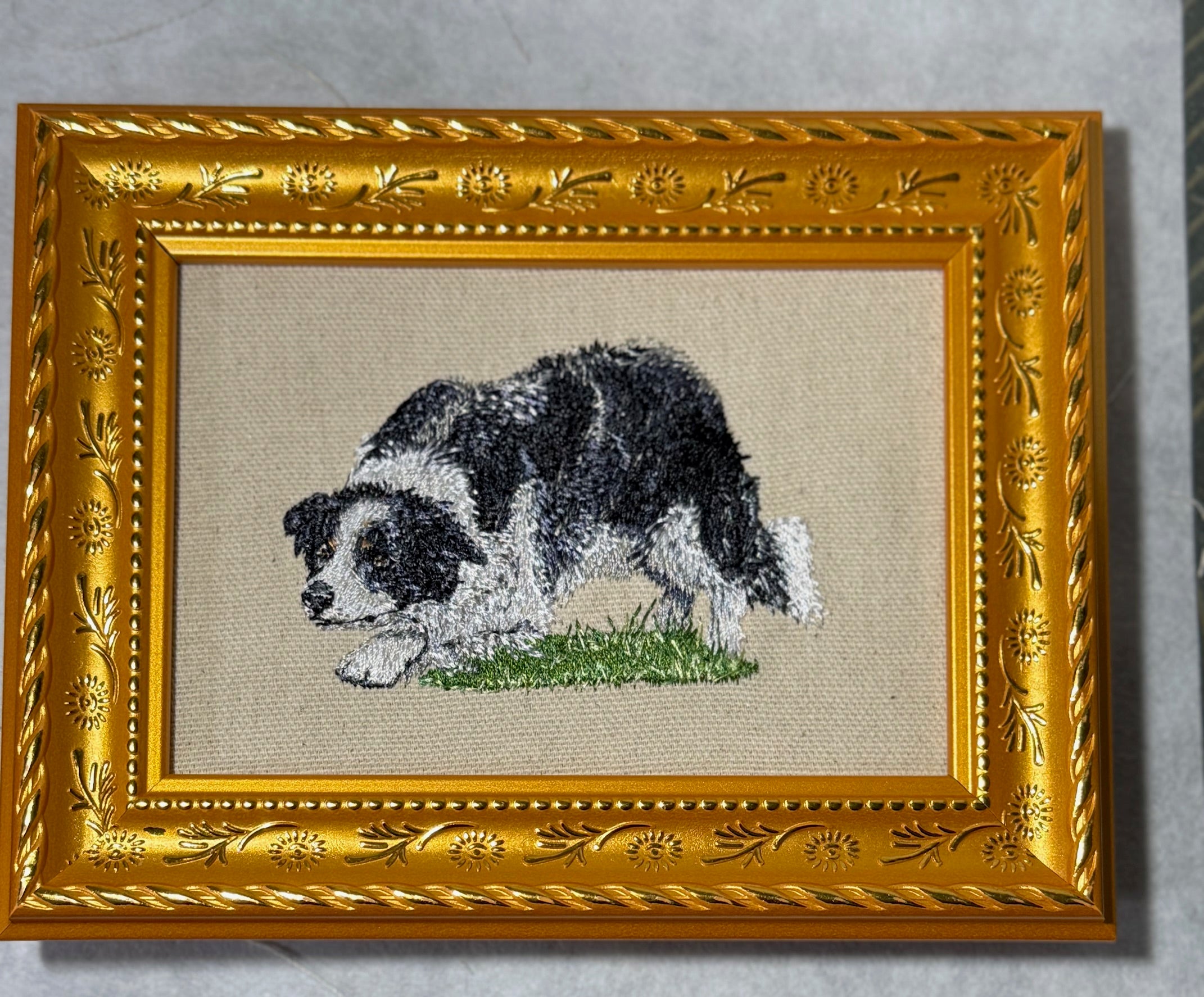 Border Collie Machine Embroidered Framed Art | Tabletop Decor