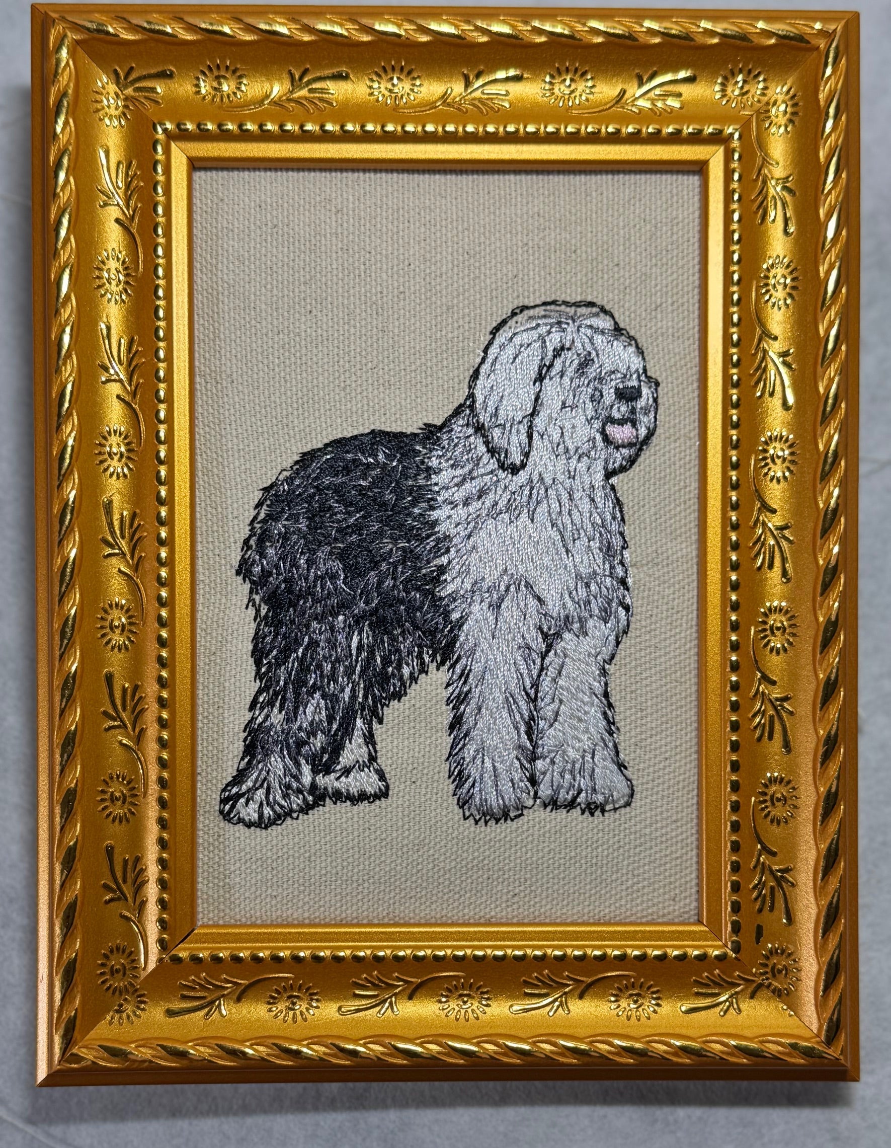 Old English Sheepdog Machine Embroidered Framed Art | Tabletop Decor