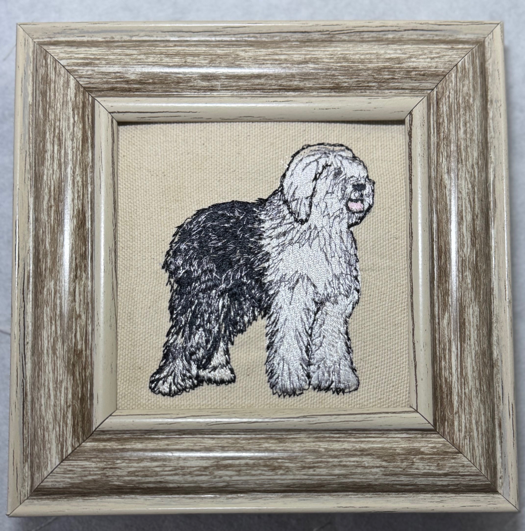Old English Sheepdog Machine Embroidered Framed Art | Tabletop Decor