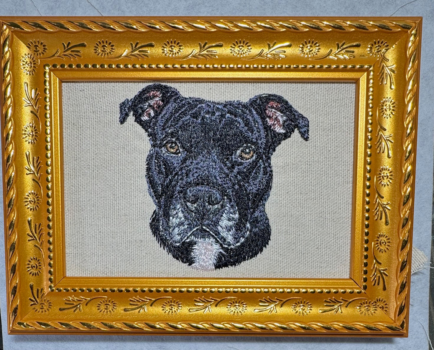 Pit Bull Terrier Machine Embroidered Framed Art | Tabletop Decor