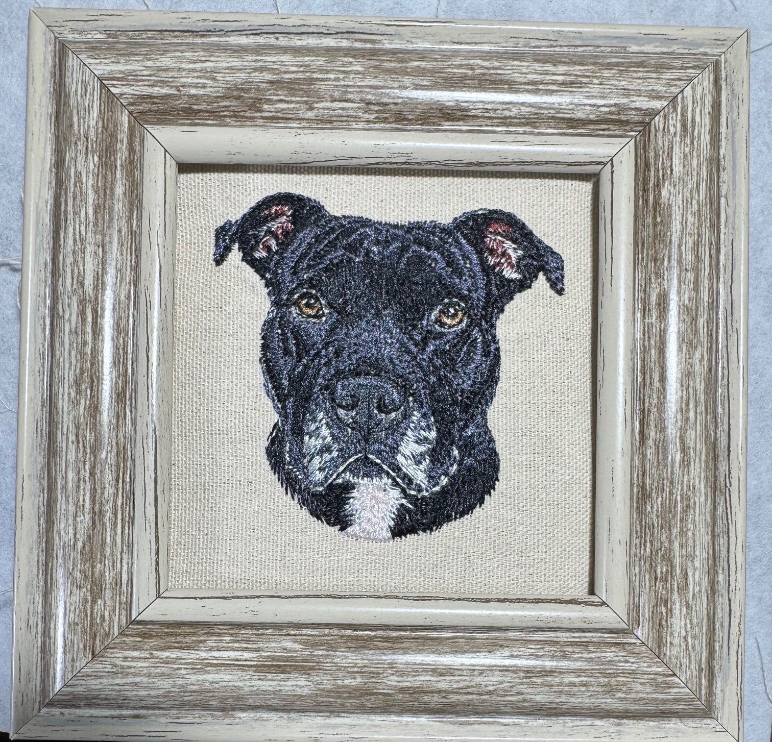 Pit Bull Terrier Machine Embroidered Framed Art | Tabletop Decor