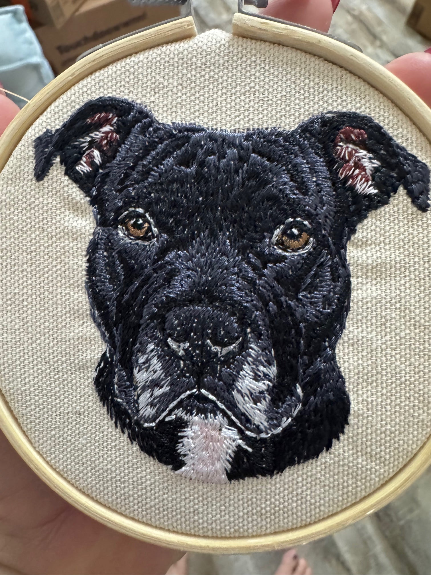 Pit Bull Terrier Machine Embroidered Framed Art | Tabletop Decor
