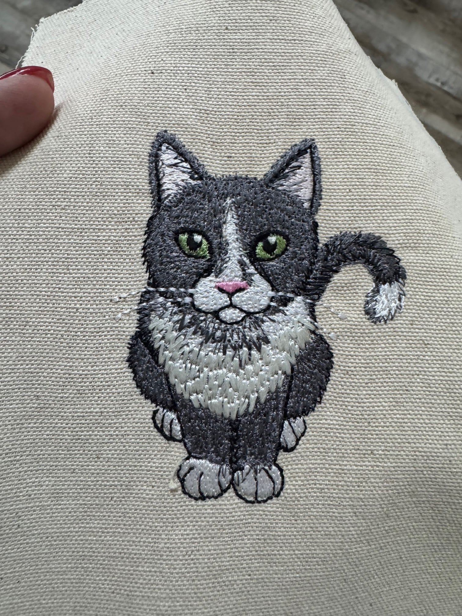 Gray & White Tuxedo Cat — Machine Embroidered Framed Art | Tabletop Decor
