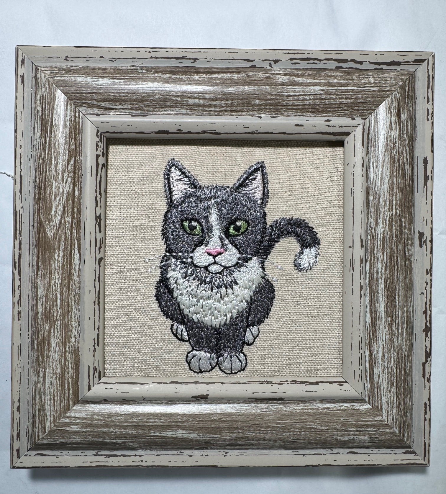 Gray & White Tuxedo Cat — Machine Embroidered Framed Art | Tabletop Decor