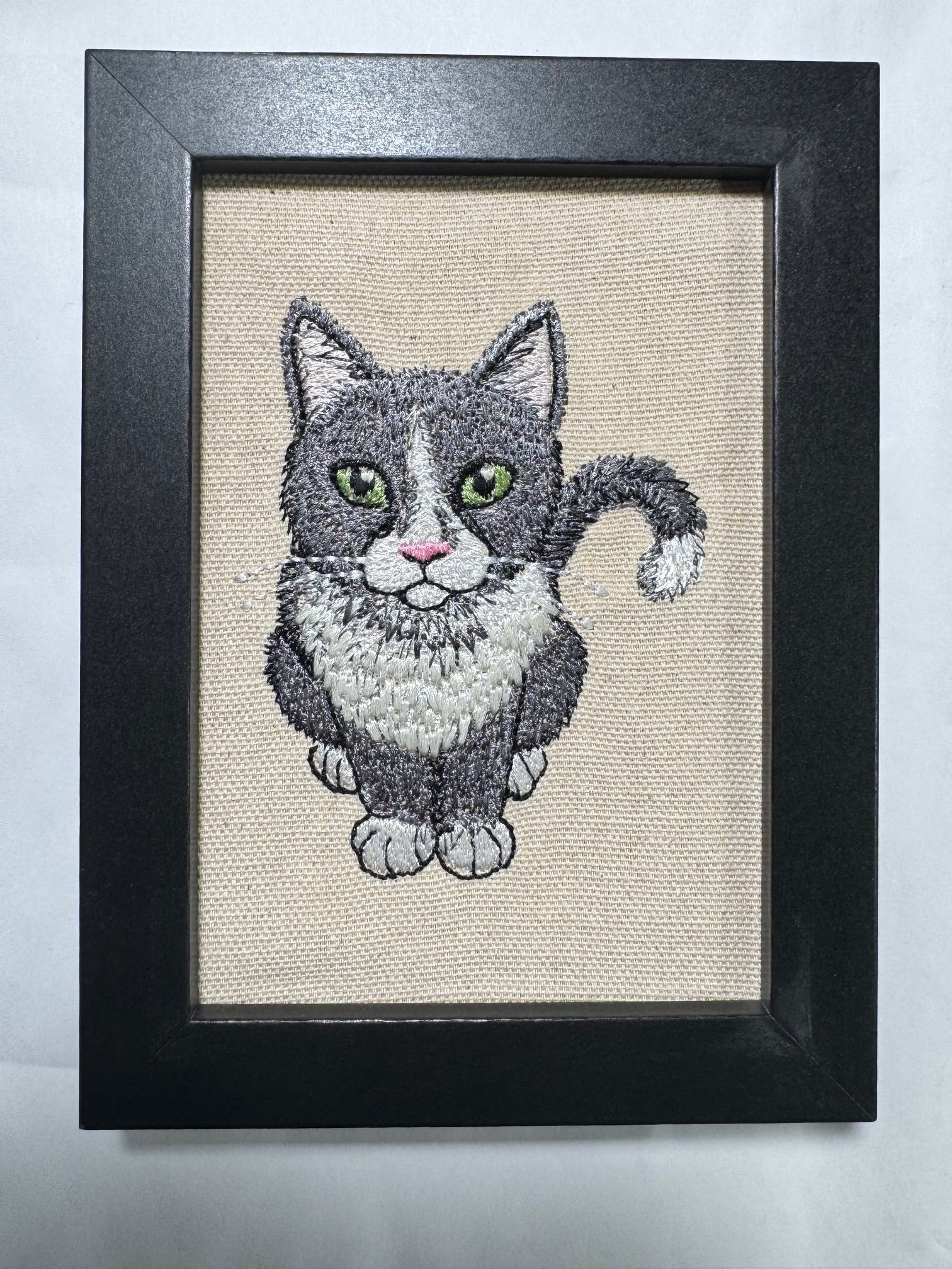 Gray & White Tuxedo Cat — Machine Embroidered Framed Art | Tabletop Decor