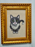 Gray & White Tuxedo Cat — Machine Embroidered Framed Art | Tabletop Decor