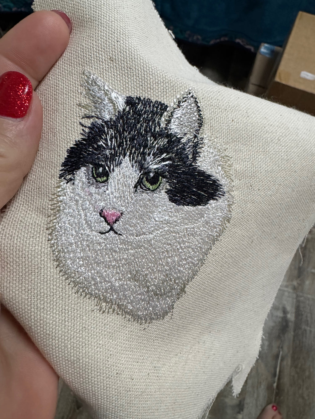 Black & White Cat Machine Embroidered Framed Art | Tabletop Decor