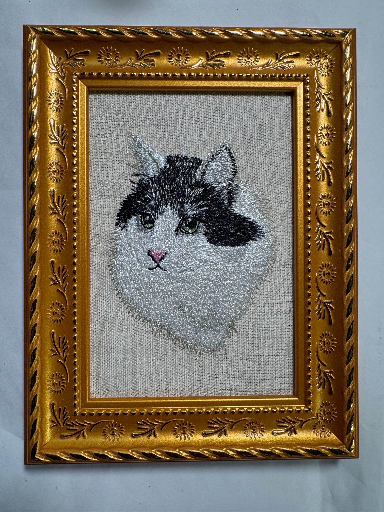 Black & White Cat Machine Embroidered Framed Art | Tabletop Decor