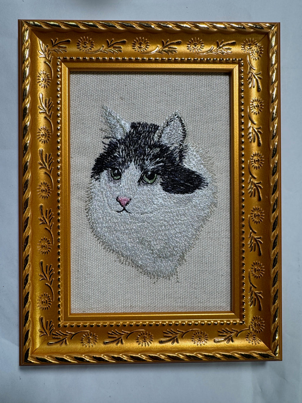 Black & White Cat Machine Embroidered Framed Art | Tabletop Decor