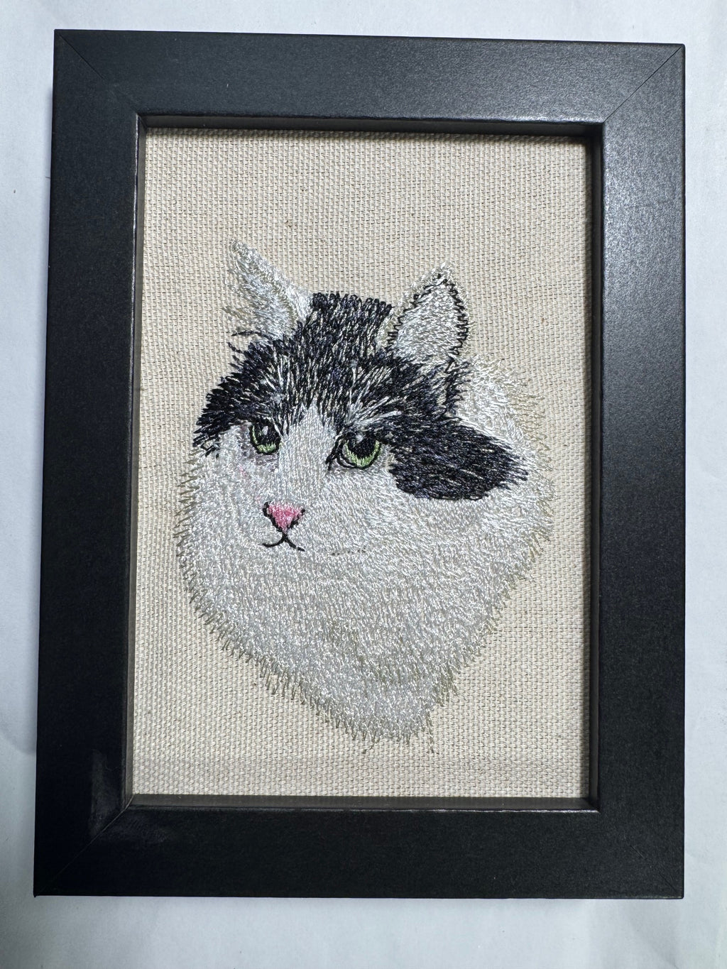 Black & White Cat Machine Embroidered Framed Art | Tabletop Decor