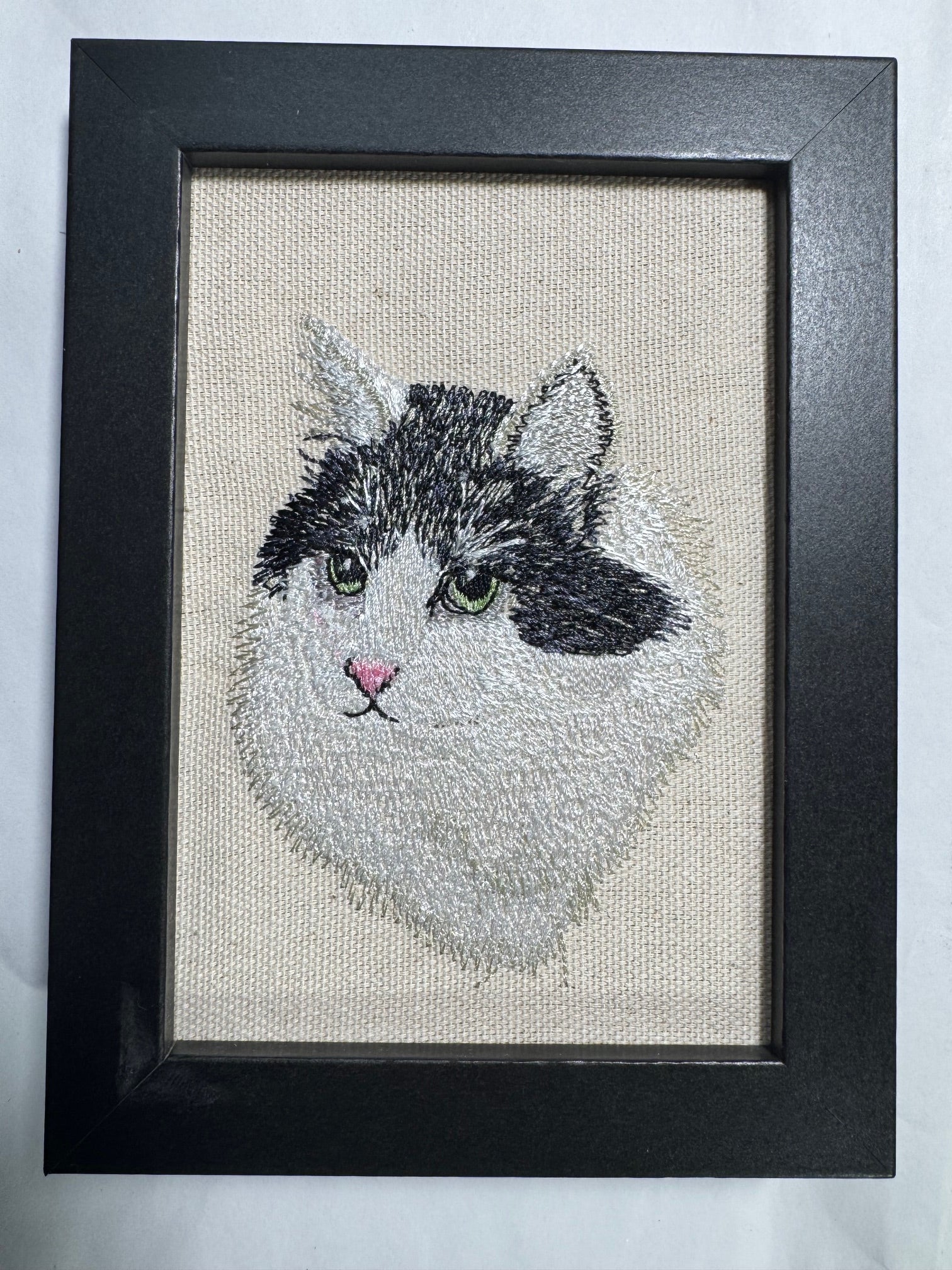 Black & White Cat Machine Embroidered Framed Art | Tabletop Decor
