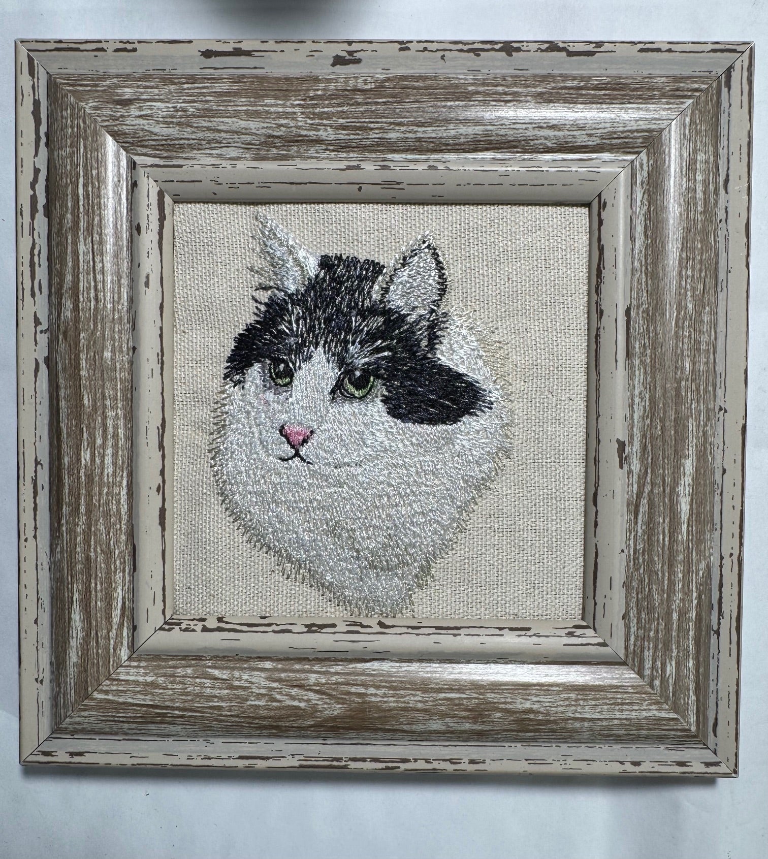 Black & White Cat Machine Embroidered Framed Art | Tabletop Decor