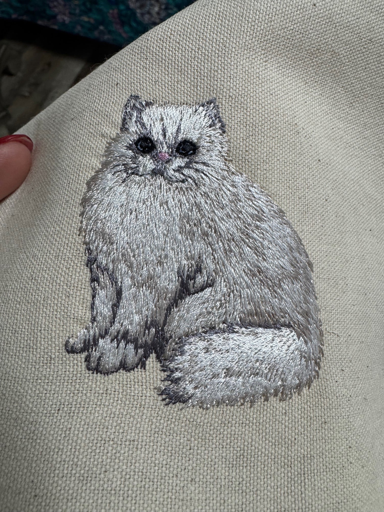 White Cat — Machine Embroidered Framed Art | Tabletop Decor