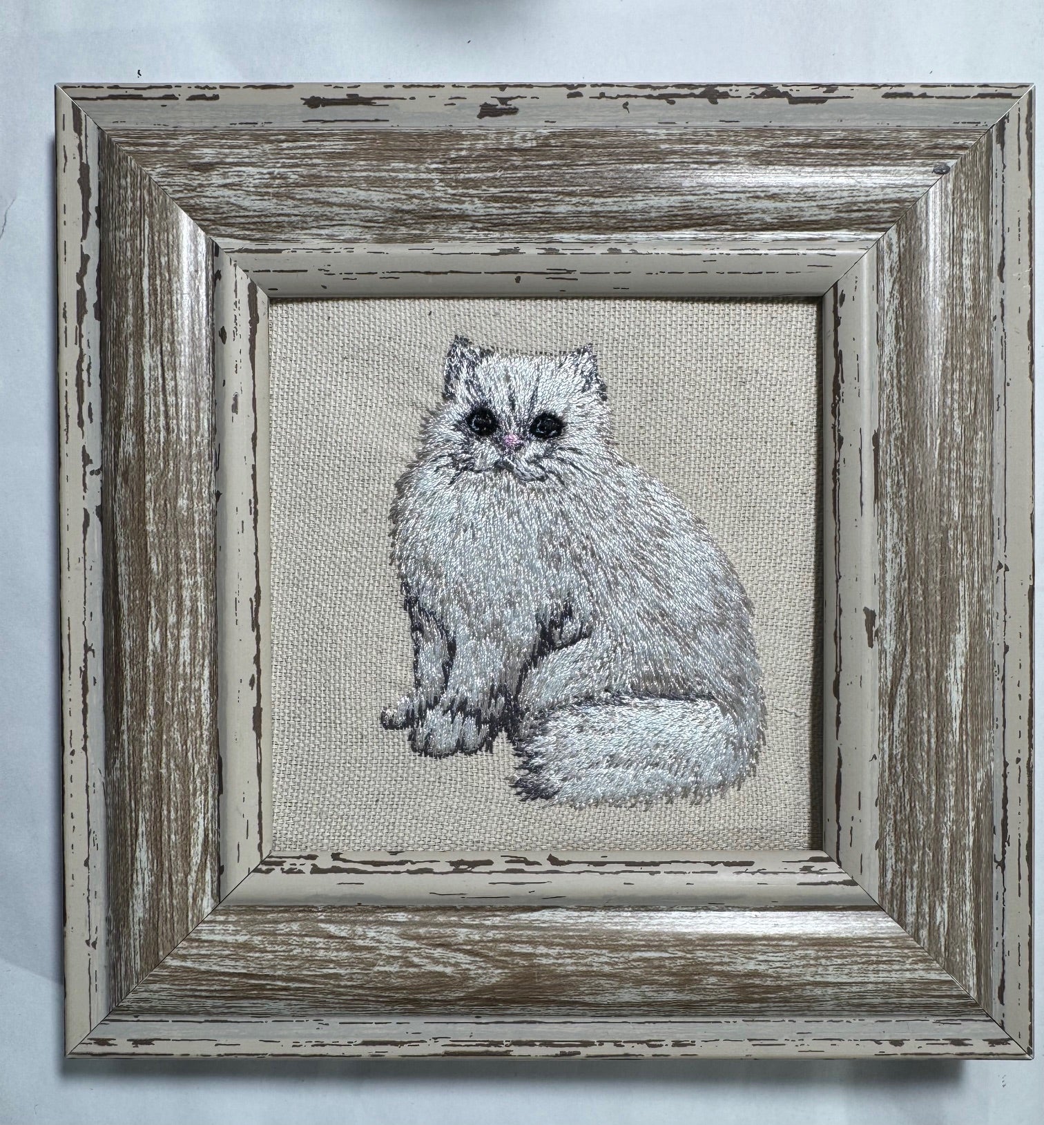 White Cat — Machine Embroidered Framed Art | Tabletop Decor