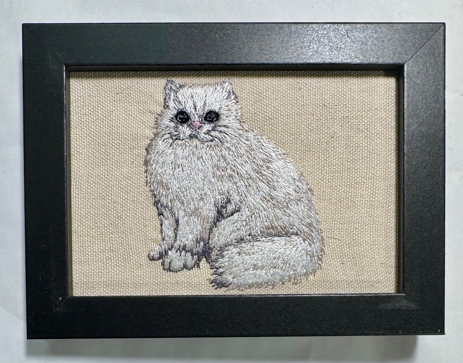 White Cat — Machine Embroidered Framed Art | Tabletop Decor
