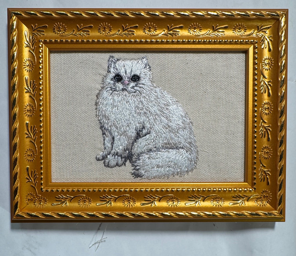 White Cat — Machine Embroidered Framed Art | Tabletop Decor
