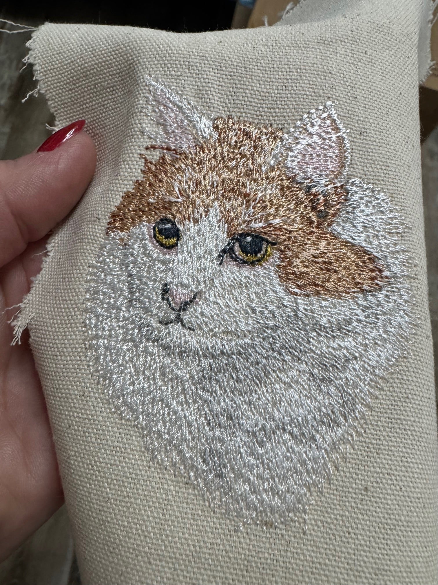 White & Orange Cat — Machine Embroidered Framed Art | Tabletop Decor