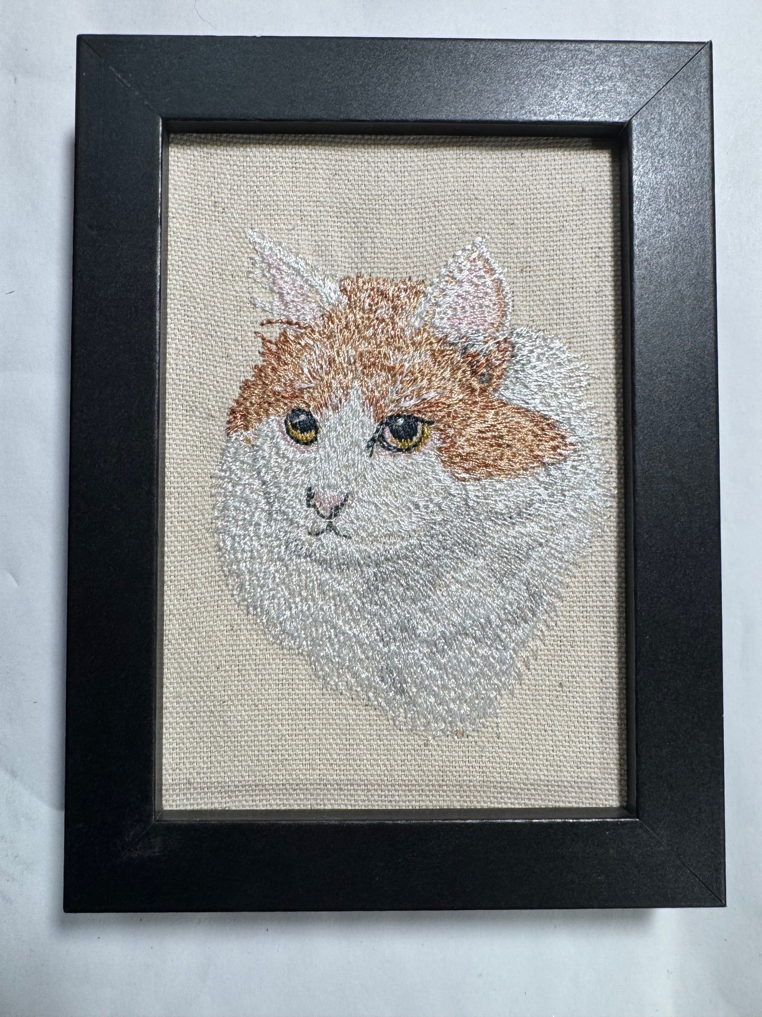 White & Orange Cat — Machine Embroidered Framed Art | Tabletop Decor