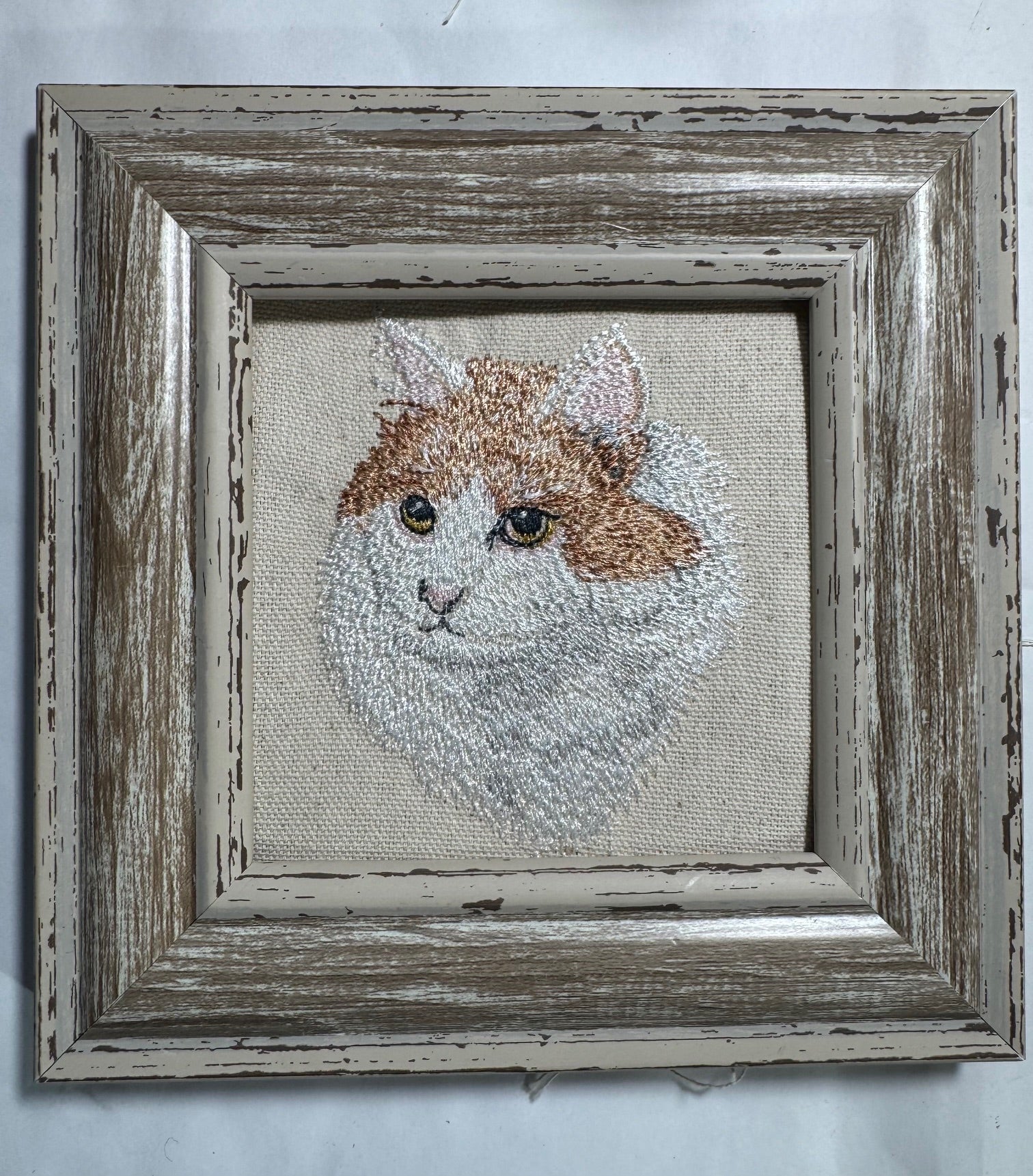 White & Orange Cat — Machine Embroidered Framed Art | Tabletop Decor